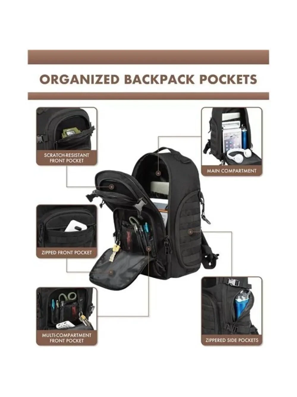 Tactical Laptop Backpack Military Hiking Bag Splashproof 35L Outdoor Men